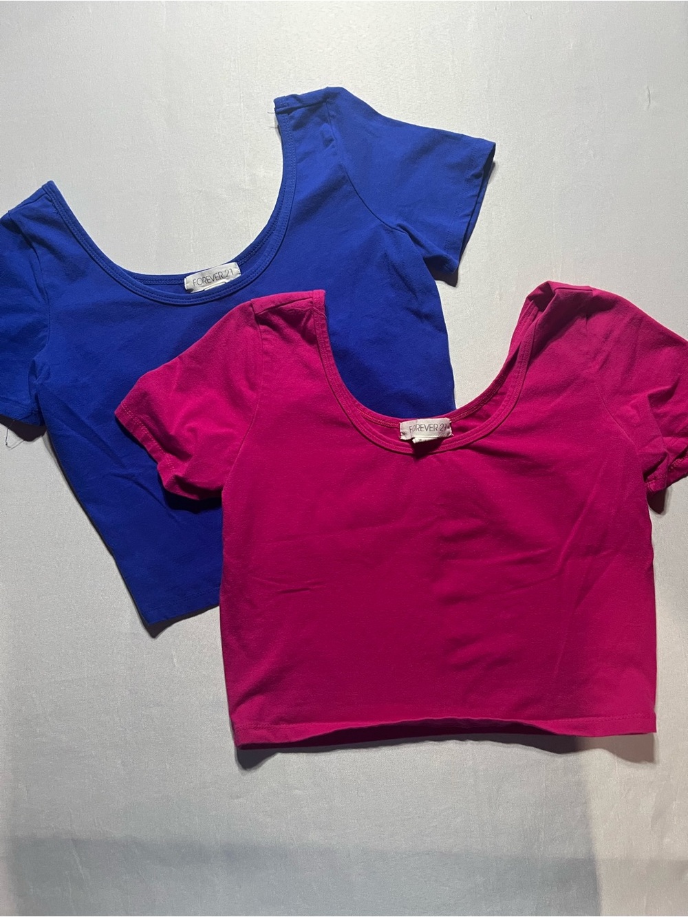 Forever 21 Womens Large Blue/Pink Scoop Neck Short Sleeve Crop Top Bundle
